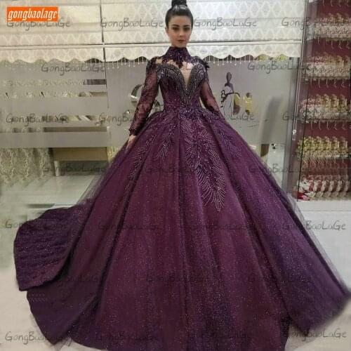 Dubai Purple Evening Dresses 2020 Luxury Arabic Crystal Beaded Ball Gown Women Dress Long High Neck Custom Made Abiti Da Sera