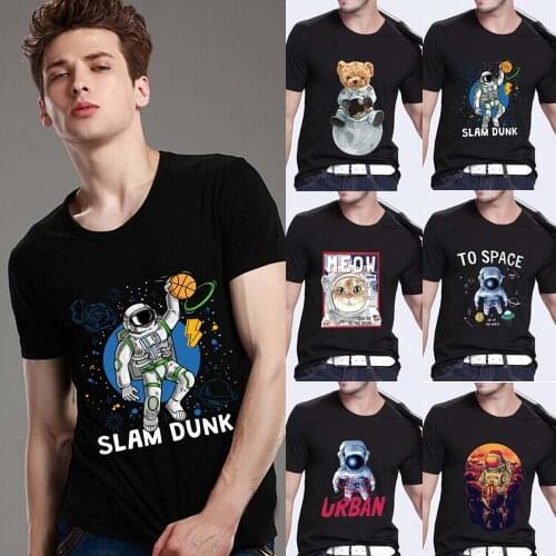 T-shirt Mens Summer Fashion Casual Cartoon Dream Astronaut Print Pattern Series Top O-neck Slim-fit Commuter Black Male Shirt