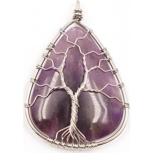 FYJS Unique Silver Plated Wire Wrap Tree of Life Water Drop Pendant Natural Amethysts Stone Jewelry