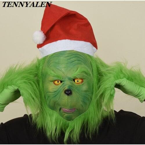 Grinch suit 2020 Christmas role-playing props Grinch cosplay mask Christmas hat green fur gloves Halloween holiday funny props