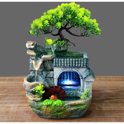Indoor Living Room Rockery Landscape Waterfall Fountain Resin Exquisite Crafts Flowing Water Ornament with 7-color LED Change