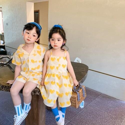 HYLKIDHUOSE Girls Boys Clothing Sets Summer Boys Shirt Shorts Girls Dress Love Brother Sister Parent-child Clothing Kids Clothes