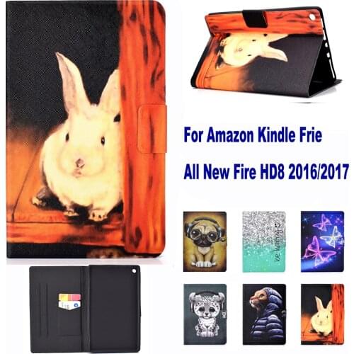 Fashion Pattern Stand Card Slot Case For Amazon Kindle Fire All new Fire HD8 2016 2017 Case Cat Dog Rabbit case coque para capa
