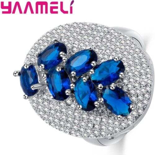 Genuine 925 Sterling Silver With Blue Oval Design Cubic Zirconia Austrian Crystal For Women Ladies Finger Rings Present