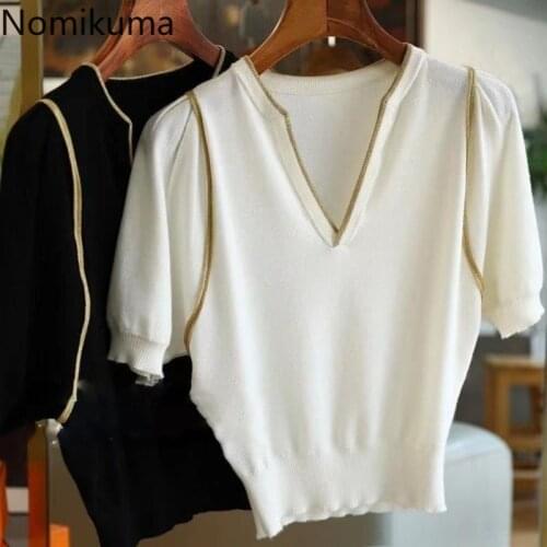Nomikuma 2021 Summer Puff Sleeve Women Knitwear Korean Patchwork Elegant Slim Short Pullovers Causal Femme Knitted Tops 6H545