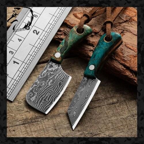 New Damascus Mini Pocket Knife Green Wood Handle Fixed Blade Knives Survival Tool Hunting Military With Leather Case Gift