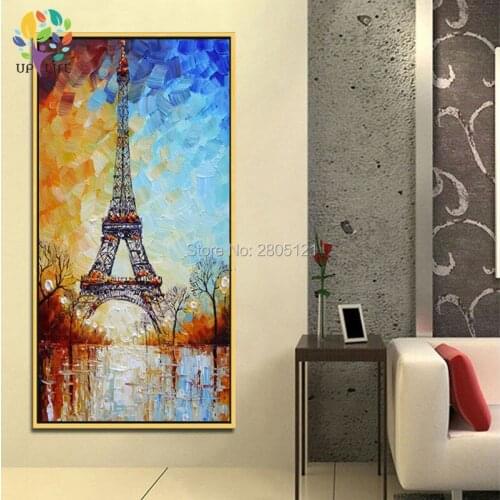 Hand painted palette knife oil painting Eiffel Tower white blue paris landscape europe canvas picture for living room gift