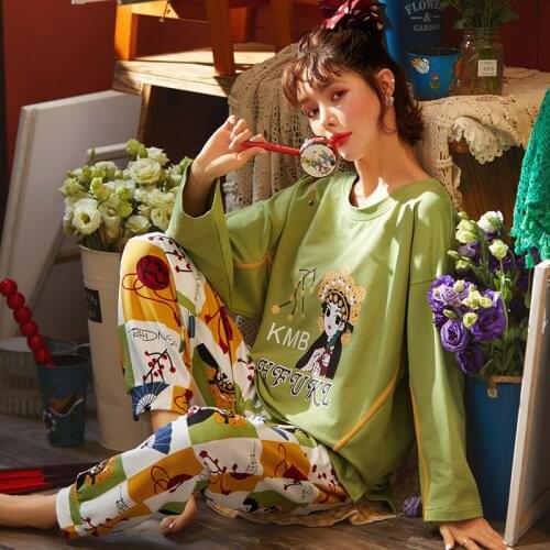 Female Full Cotton Pajamas Chinese Style Drama Pattern Pyjamas Set Long Sleeve Pijamas Mujer Pajamas Suit Female Sleep 2pcs/set