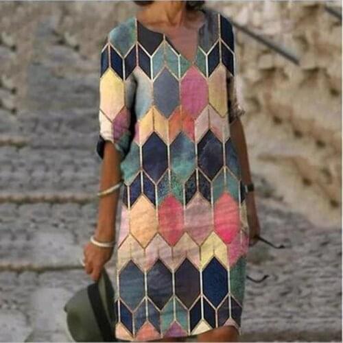 Women Printed Half Sleeve Dress Vintage V-Neck A-Line Short Dresses Female Loose Summer Above Knee Dress Vestidos Party Dress