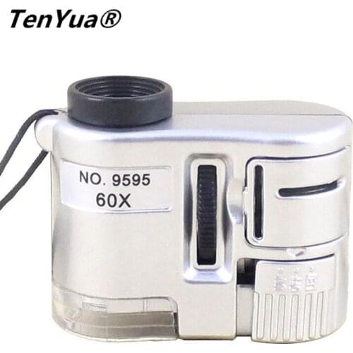TenYua Mini Portable 60X Microscope Jewelry Magnifiers Loupe Glass LED UV Light Pocket Microscope urrency Dectector Magnifier