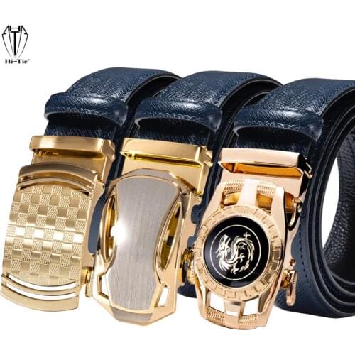 Top Quality Blue Genuine Leather Mens Belts Gold Automatic Buckles Waistband Ratchet Strap for Dress Jeans Casual Wedding Work
