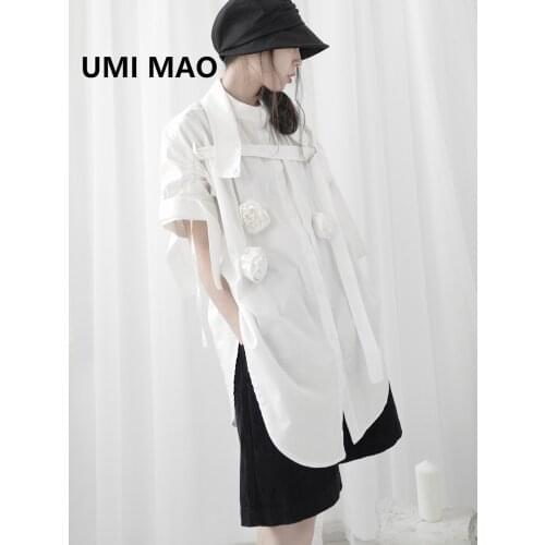 UMI MAO Yoji Yamamoto Style Dark Black Three-dimensional Flower Shirt Womens Short-sleeved Stand-up Collar Irregular Blouse
