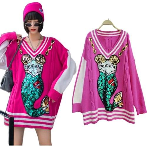 Luxury Sequins Oversized Sweater Loose V-Neck Mermaid Pattern Outer Wear Tops Coats Winter Streetwear Thickened knitted Pullover