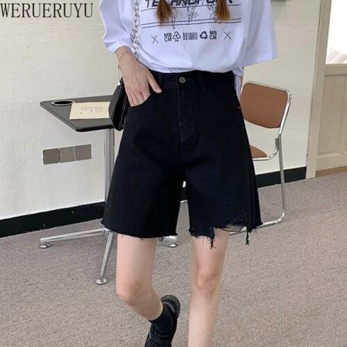 WERUERUYU 2020 New Summer Sexy Women Jeans Blue High Waist Denim Hole Knee Length