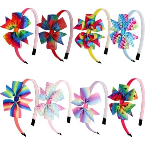 XIMA 1PC Girls Hairband 3inch Rainbow Hair Bow Headband Children Girl Headdress Rainbow Bows Hairband Party Hair Accessories
