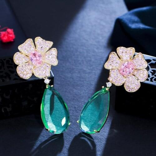 ThreeGraces Luxury Pink Green CZ Crystal Big Hanging Waterdrop Long Flower Dangle Earrings for Women Wedding Prom Jewelry ER663