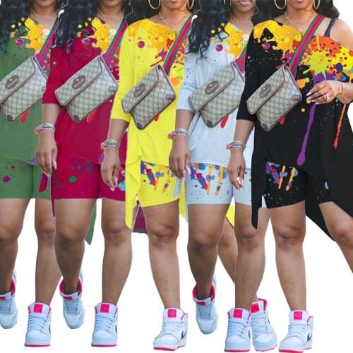 Two Piece Outfits For Women One Shoulder Casual Printing 3/4 Sleeve Slim Tops Tracksuit 2 Piece Sets Womens Joggers Sweat Suits