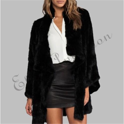 ETHEL ANDERSON Ladies Top Level Knitted Coat Genuine Rabbit Fur Turn-down Collar Jacket Long Sleeve Irregular Long Chic Cardigan