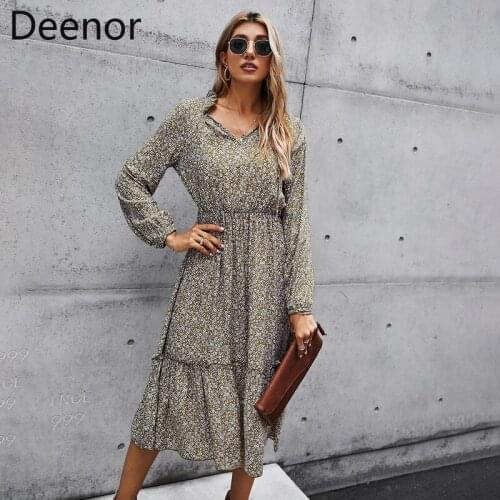 Deenor Spring Summer 2021 Elegant Dress Women Long Sleeve Floral Print V-Neck Dresses Boho Beach Evening Party Sundress Robe