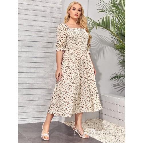 2021 Summer Bohemian Style Women Casual Sexy Print Loose Beach Dress Vintage Square Collar Short Sleeve A-line Dress Size 4xl
