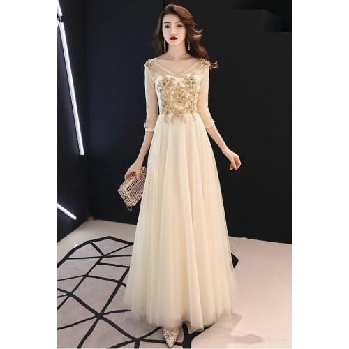 Golden Evening Dress 2021 New Fashion Sexy Illusion V-neck Sleeve a Line Floor Length Banquet Party Dress Robe De Soiree Vestido