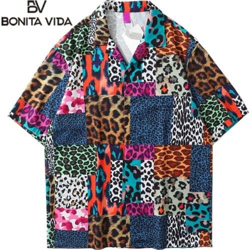 Bonita Vida Hawaiian Beach Shirts Streetwear Hip Hop Leopard Print Short Sleeve Shirt Summer Holiday Party Button Tops