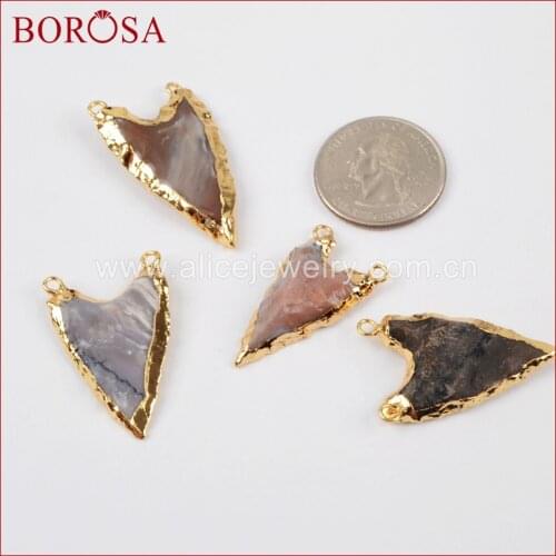 BOROSA 10pcs Fashion Arrowhead Gold Color Rough Natural Stone Gems Connector Double Bails Charms for Necklace DIY Jewelry G1391