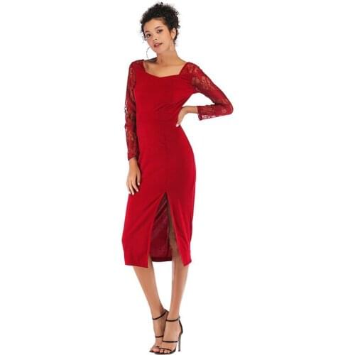 Neatie Kiddie Sexy Lace Long Sleeve Dress Elegant Women Clothes Side Split Slim Bodycon Dresses Ladies Party Night Vestidos