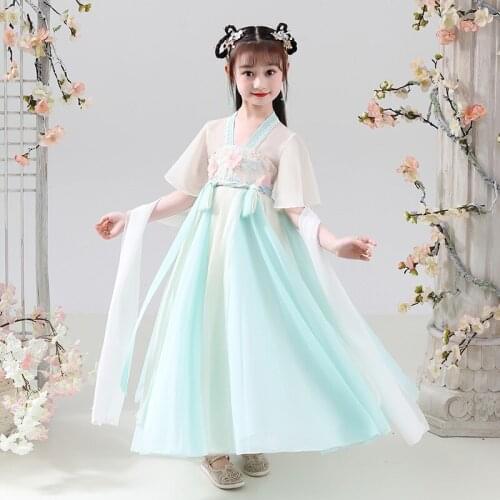 Girls Embroidery Hanfu Cosplay Childrens Stage Chinese Traditional Dress Fairy Stage Dancewear Short Sleeve Perform Costume