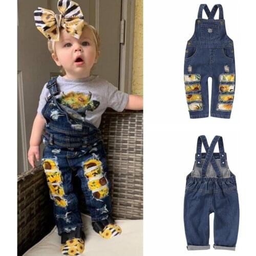 Baby Girl Sunflower Denim Suspender Pants Jean Ripped Overall Clothes Fashion Kids Jeans Girls Children Jeans