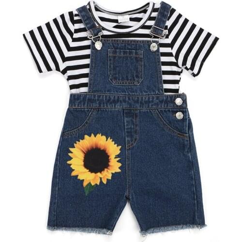 Kaiya Angle 2020 Toddler Girl Summer Outfits Top Black White Striped T-Shirt Denim Suspender Trousers Kids Casual Clothes Set