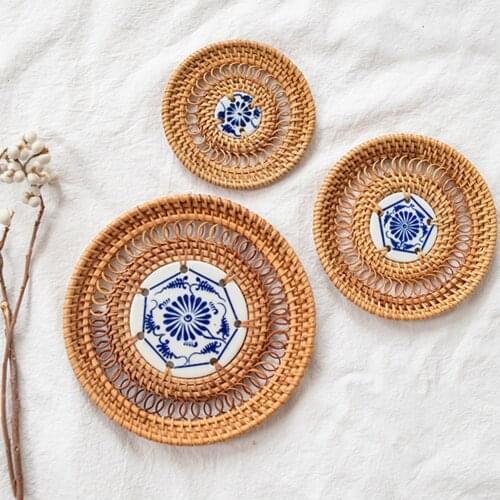 Woven Rattan Cup Holder Blue/White Porcelain Pad Natural Straw Woven Drink Coaster Heat Insulation Pot Holder Mat Table placemat