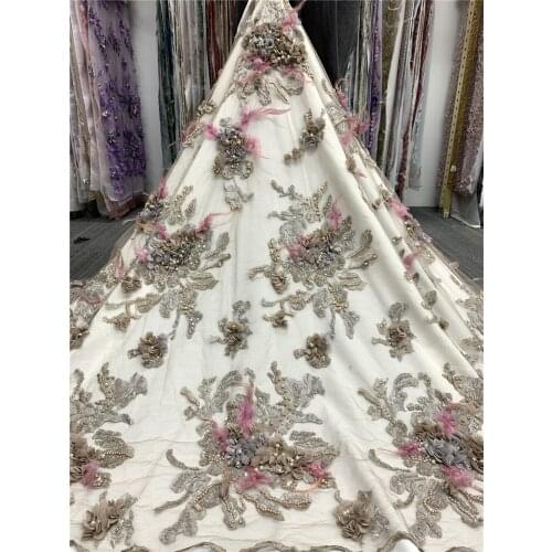 Latest Royal Blue Tulle Lace Fabric High Quality American Fashion Fabric With 3D flowers Beads J-518689 French Lace Fabrics