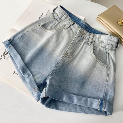 Summer Loose Shorts Korte Broek Pantalones Cortos Womens Gradient High Waist Casual Denim Pants Femme A-Line Shorts Jeans