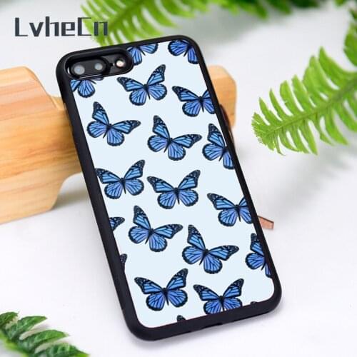 LvheCn Silicone Rubber Phone Case Cover for iPhone 6 6S 7 8 Plus X XS XR 11 12 Mini Pro Max Blue Butterfly Pattern