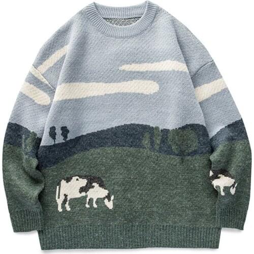 Men Cow Vintage Pullover Sweater O-Neck Korean Knitted Women Casual Harajuku Couple Knit Streetwear Oversize