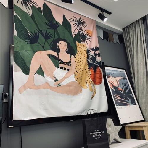 Nordic Decorative Wall Tapestry Hanging Cactus Girl Tiger Wall Cloth Tapestries Hanging Boho Decor Mandala Fabric Wall Blanket
