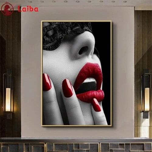 New diamond embroidery Modern art, sexy red lips woman, black blindfold mosaic diamond paintings full square round drill
