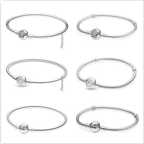 Original 925 Sterling Silver Bracelet Dainty Bow Clasp Crystal Snake Chain Bangle Fit Bead Charm Diy Fashion Jewelry