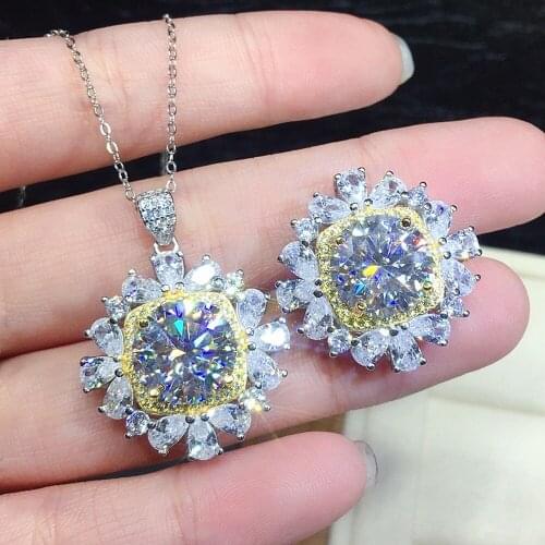 LUXURY 3 CARATS FLOWER ZIRCON DIAMONDS GEMSTONES PENDANT NECKLACES RINGS FOR WOMEN WHITE GOLD SILVER COLOR CHOKER JEWELRY GIFTS