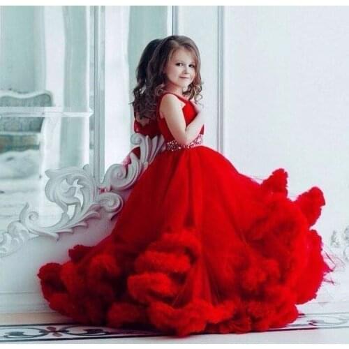 Luxury organza red princess girls birthday ball gowns girls puffy red celebration pageant red dresses cloudy bottom gowns custom