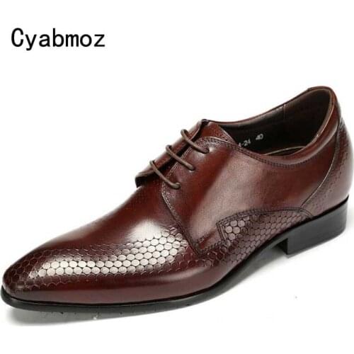 Cyabmoz Men Luxury Genuine Leather Buiness Dress Shoes Males Invisible Elevator Height increasing 5cm Solid Formal Brogue Shoes