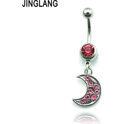 Piercing Jewelry Fashion Navel Rings Surgical Steel Dangle Pink Rhinestone Moon Navel Rings Jewelry