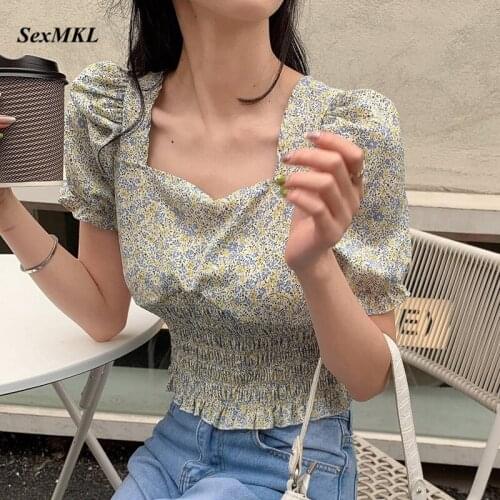 Summer Floral Printed Vintage Blouses Women 2021 Fashion Casual Sexy Corset Crop Tops Ladies Korean Slim Puff Sleeve Blusa Mujer