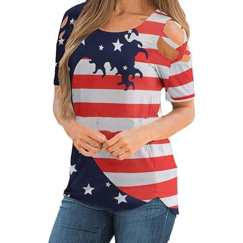 Women American Flag Print Short Sleeve Blouse Star Stripe O Neck Patriotic Top T-shirt for Independence Day Festival Clothing