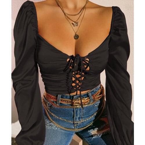 Lady Sexy Elegant Fashion Bandage Short Tops T-Shirts Women Long Puff Sleeve V Neck Hollow Out Solid Skinny Club Party Crop Top