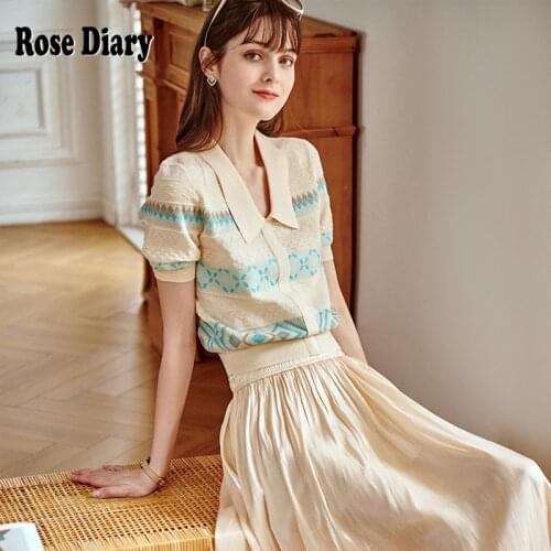 RoseDiary Womens Sweater Pullovers Jumper Short Sleeve Knitted Top Summer 2021 Flower Jacquard Polo Collar Knitted Bow Sweater