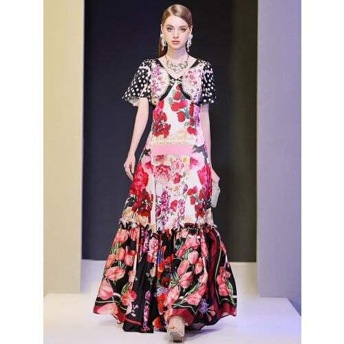 Womens dress 2021 new fashion big swing silk satin double V-neck flared sleeve waist temperament printing long dress summer