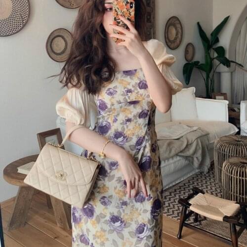 2020 Women Summer Elegant Square Collar Purple Rose Bodycon Long Chiffon Dress Rayon Sleeve Patchwork Midi Dresses