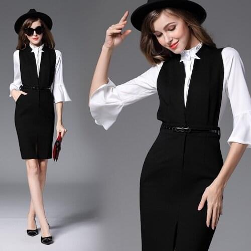 Office Dresses Ladies 2019 Summer Spring Office Uniform Designs Women Work Wear Vest Dress+Shirts Womens Two Piece Sets DD2014